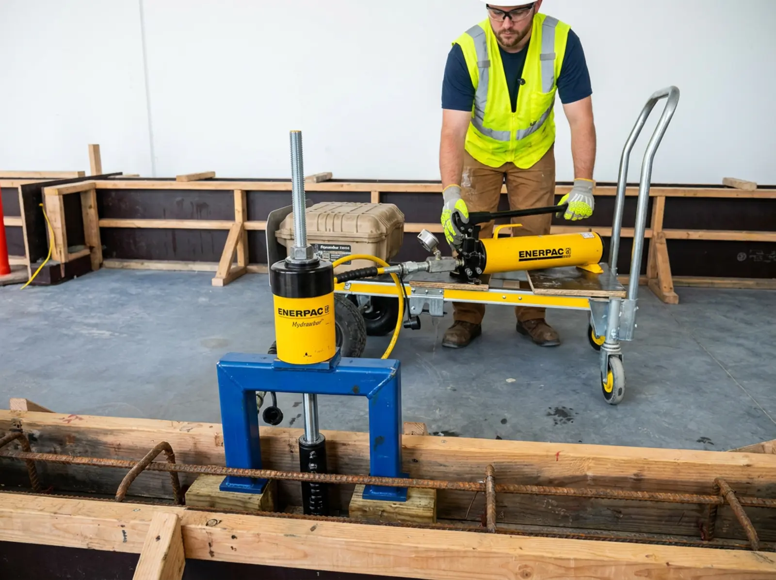 Technician performing anchor bolt pull test with Enerpac hydraulic equipment on concrete foundation